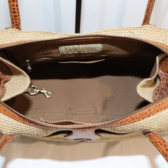 Eric Javits Women's Straw Rafia Shoulder Bag East West Design Croc Embossed Tan - Picture 11 of 13